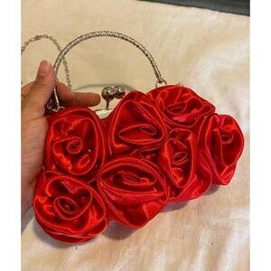 New Women Rose Shaped Clutch Soft Satin Wristlet Handbag Wedding Party Purse